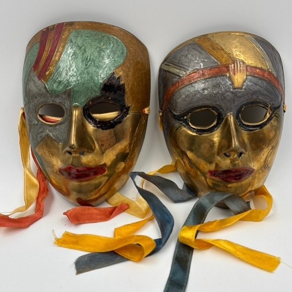 Other - Vtg Set of 2 Brass Theater Masks Wall Hand Painted Enamel Made in India 6.5in
